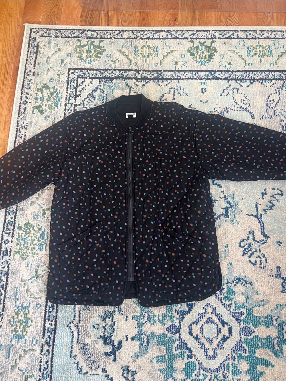 Vintage Esprit Black Quilted Bomber Jacket with Multicolor Dot Accents
